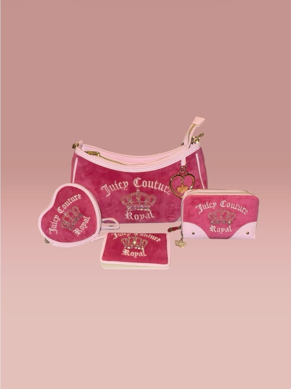 Juicy Couture Royal Pink Velour Purse Wallet 4-Piece Set NWOT